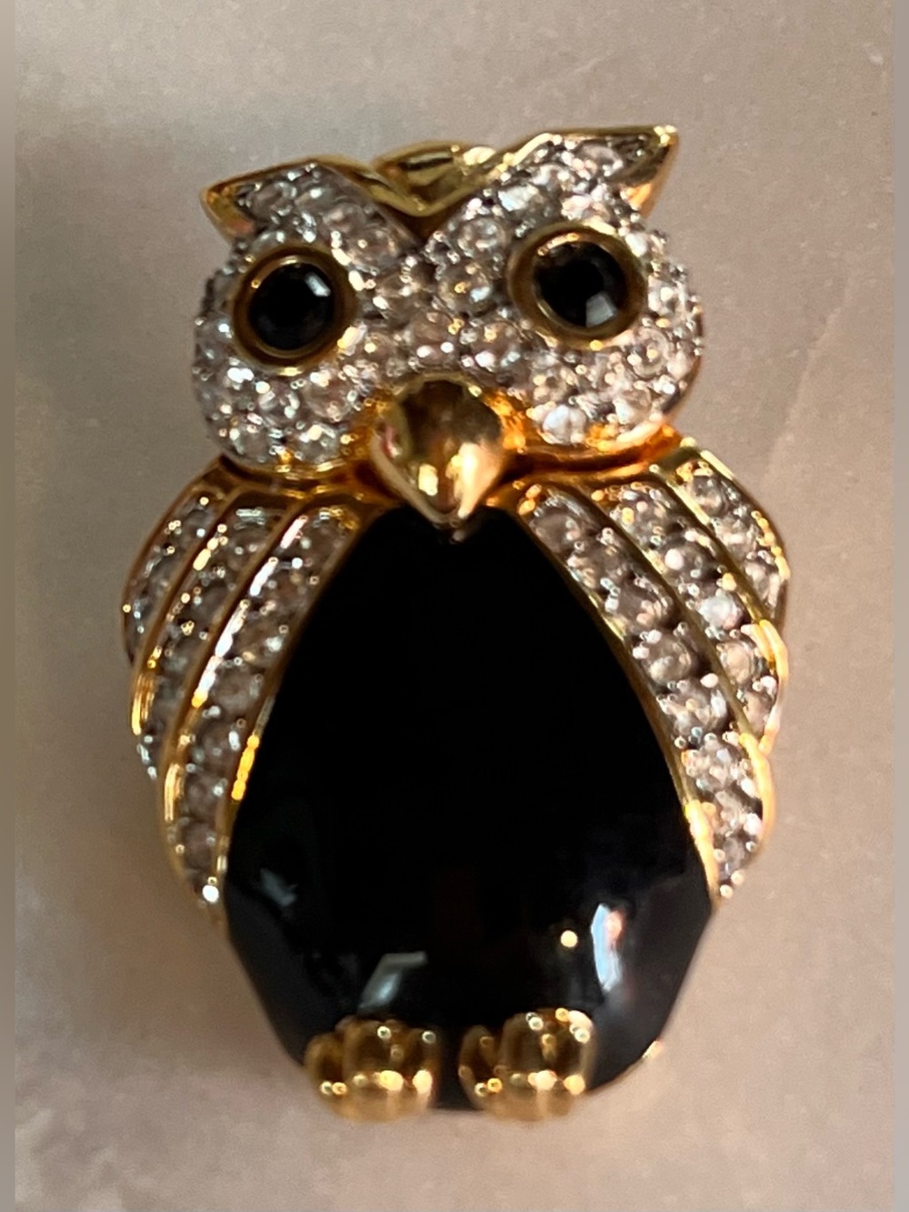 Vintage S.A.L. Swarovski Owl Brooch Pin Gold Tone Clear Rhinestone Black Enamel